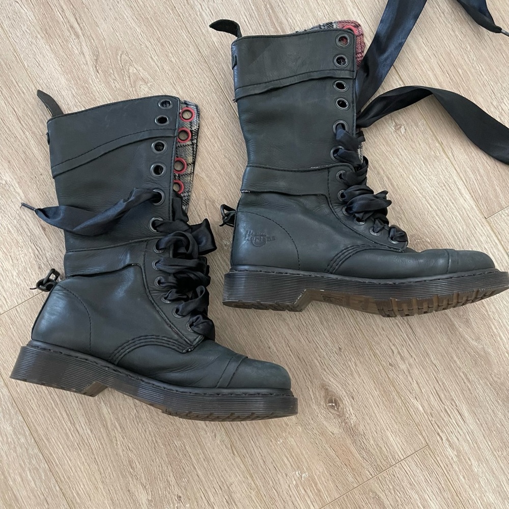 Dr. Martens size 8 gray with pink plaid.